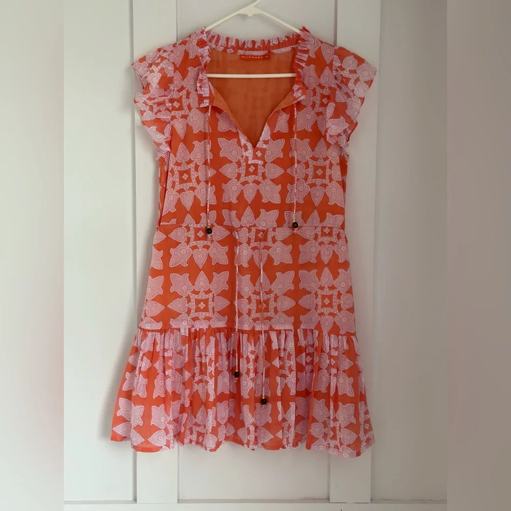 Oliphant Coral and Pink Printed Ruffle Neck dress size XS - Picture 1 of 4